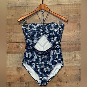 🌻 Michael Koss Women's size 14 Tropical Print Bandeau Cut Out One-Piece Swimsuit